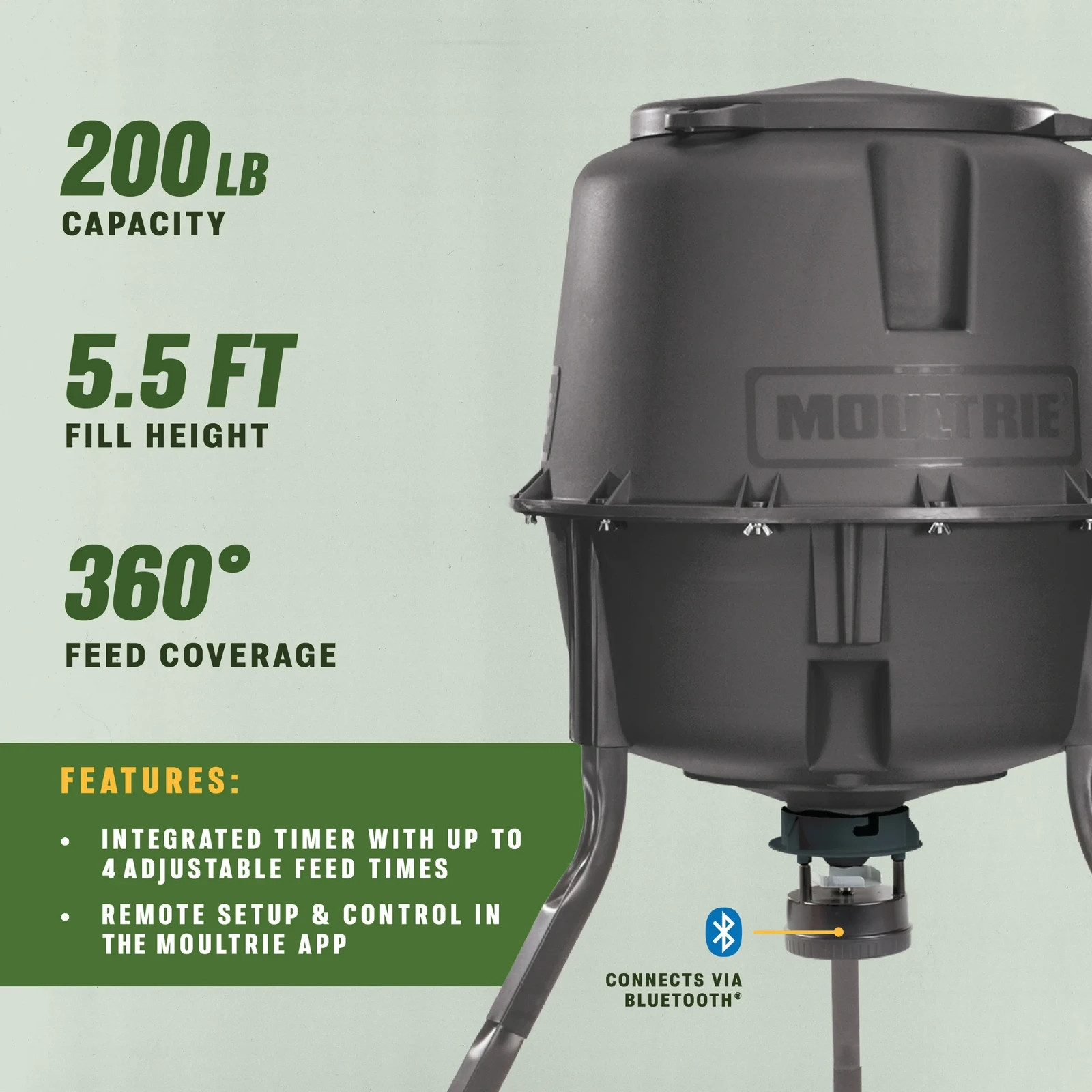 Moultrie 200 LB Deer Feeder Standard, Bluetooth Tripod Feeder with 360° Coverage