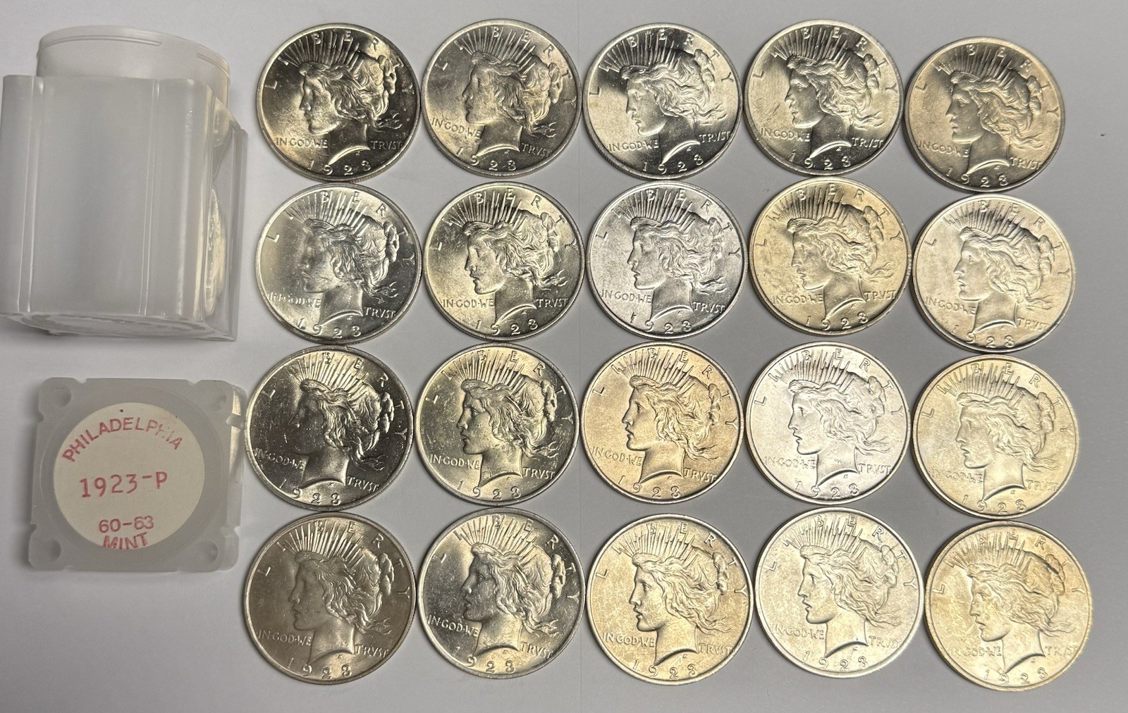 BU Roll of 20 1923-P Peace Silver Dollars, $1 Coins All Original Mint State MS