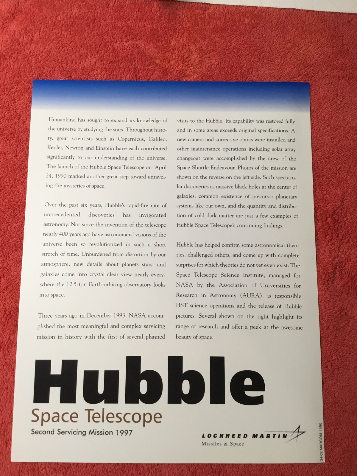 NASA Hubble Space Telescope Lockheed Martin 8.5x11 Info Card