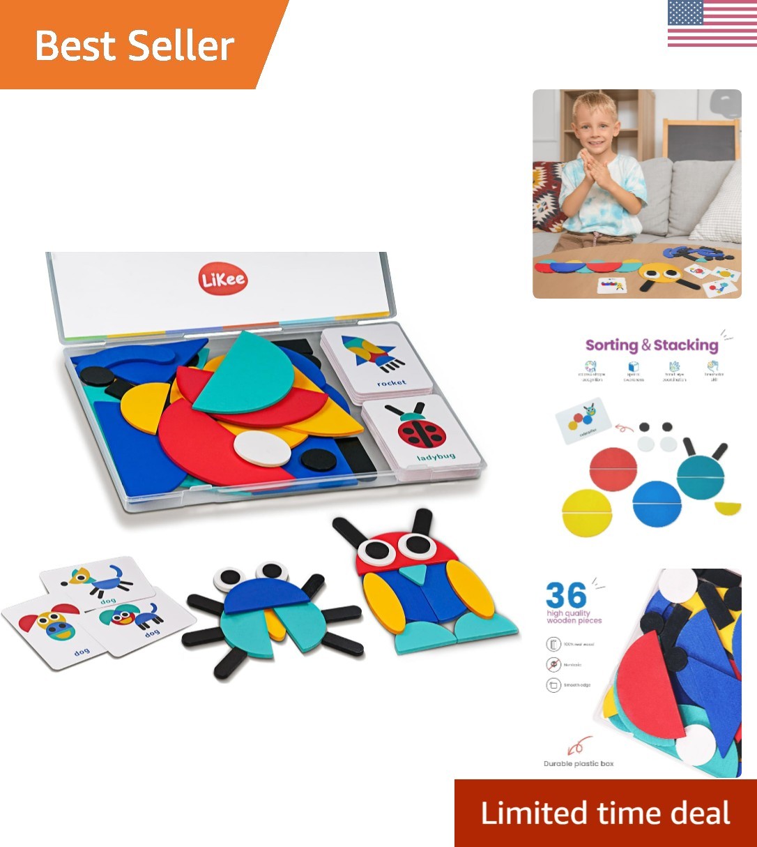 Open Ended Wooden Shape Puzzles 36 Blocks&60 Cards for Toddlers 3+  Old, Mont...