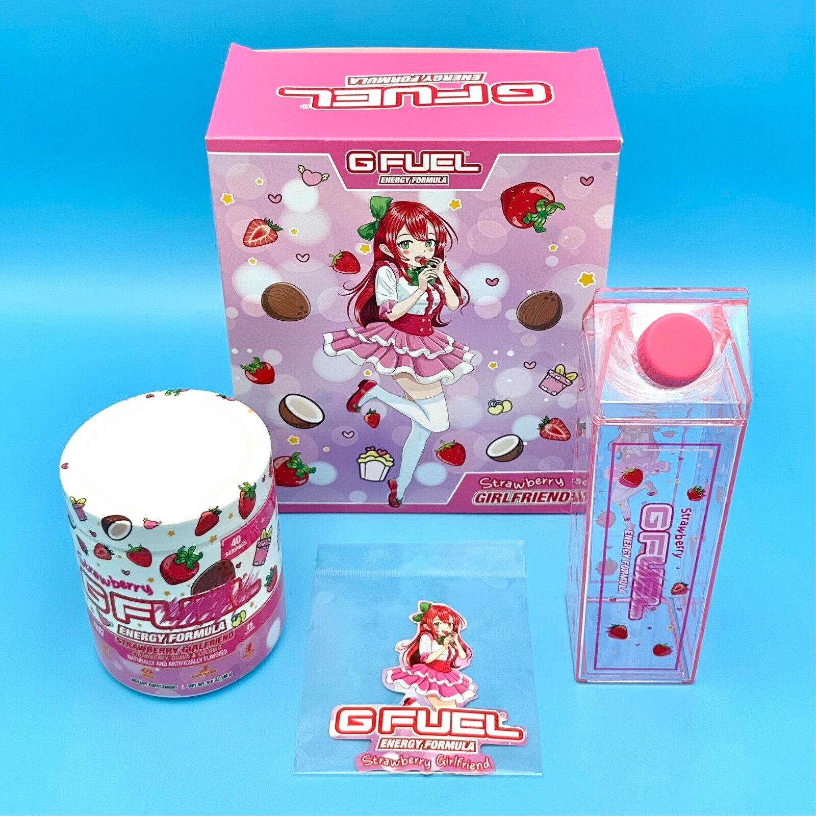 G Fuel Strawberry GF Girlfriend Collector's Box Milk Carton Shaker Cup + Sticker