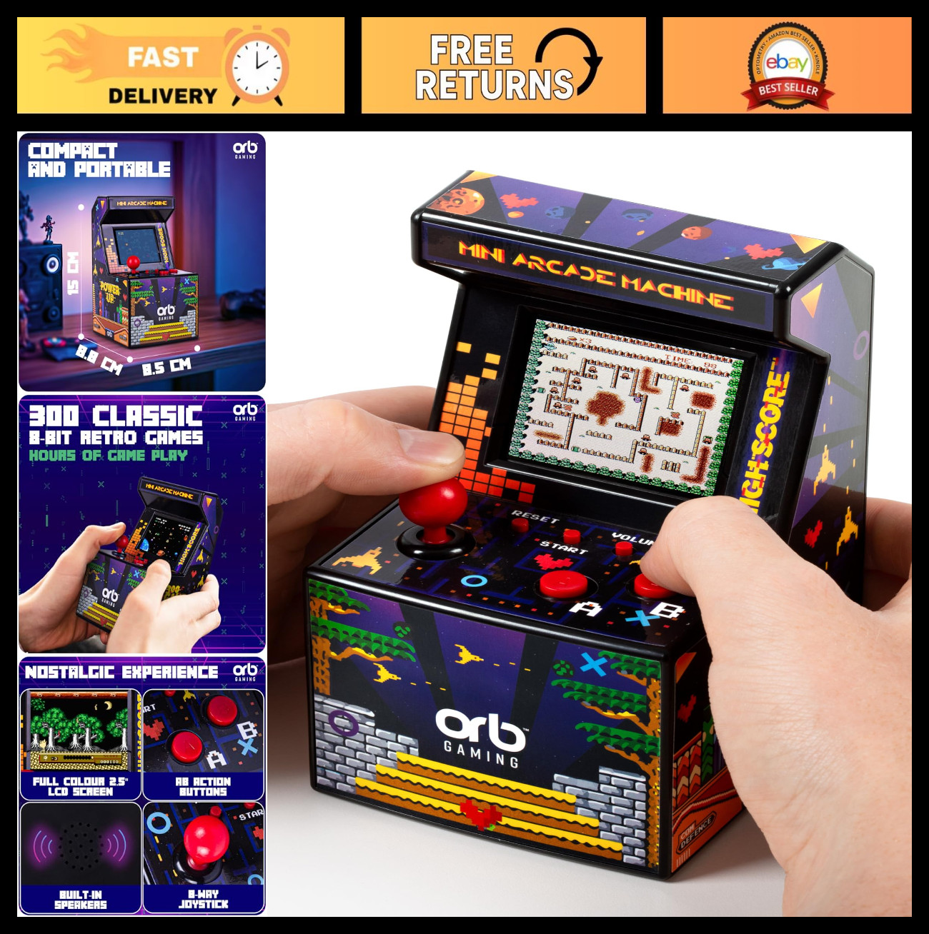 Mini Arcade Machine - 300 Retro 8-Bit Games, 2.5" Color Screen, Joystick & Volum