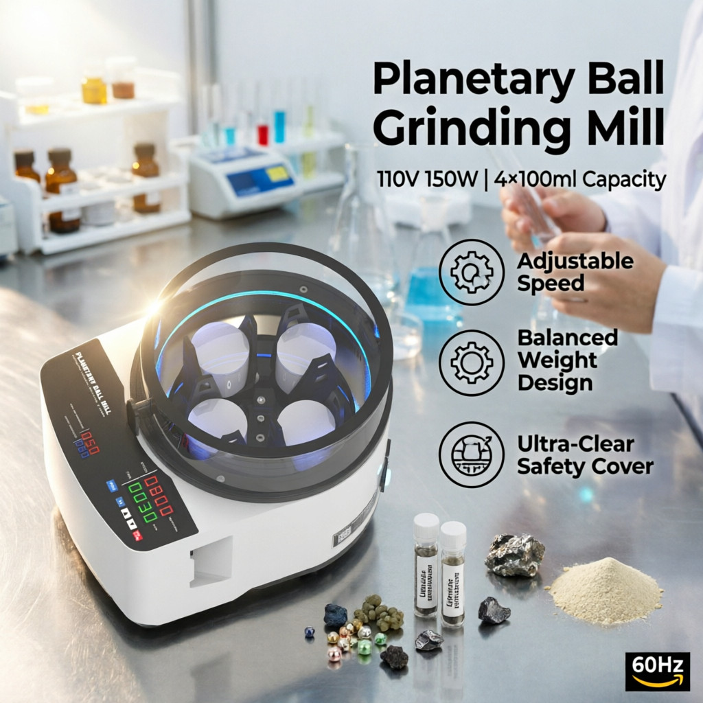 Ultra-Quiet Lab Planetary Ball Mill 4 x 100mL 10mm Cover Dry/Wet/Vacuum 1000rpm
