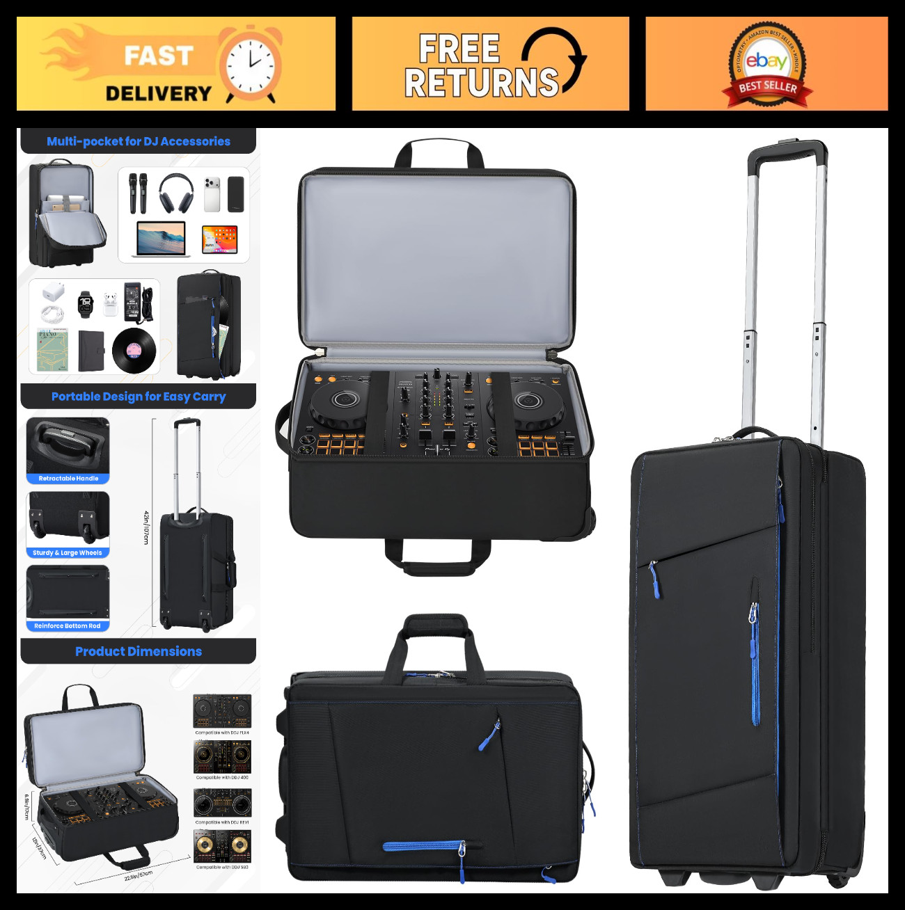 Rolling DJ Controller Case with Wheels, Soft Padded, Fits DDJ FLX4/FLX2/SB3, Mul