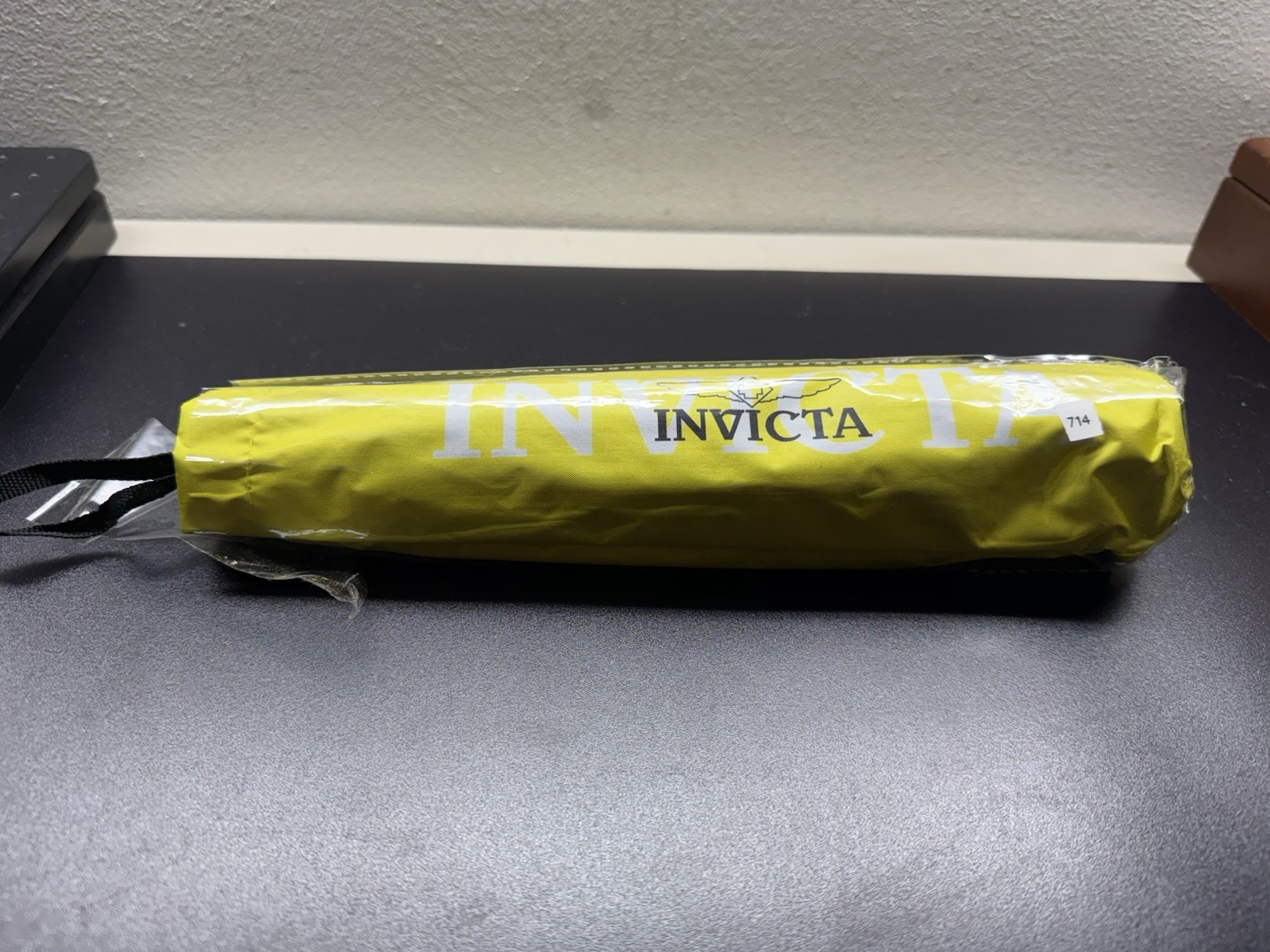 Invicta Yellow Compact Folding Umbrella with Logo Print. Brand New!