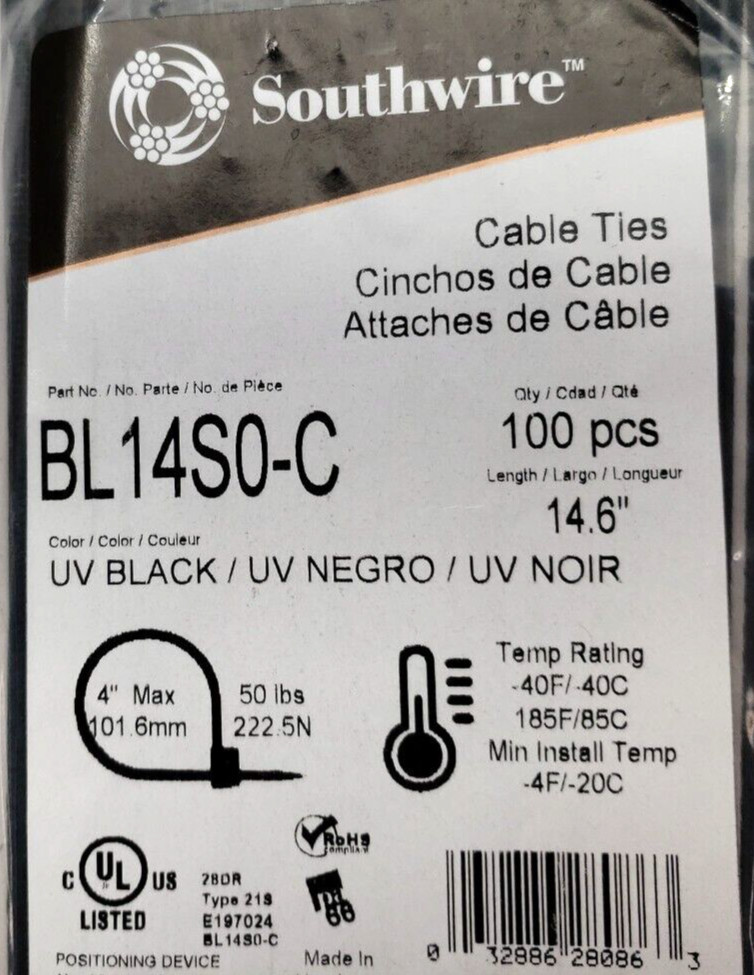 4 pack Southwire 14" black Cable Ties 100pcs BL14S0C nylon cable ties