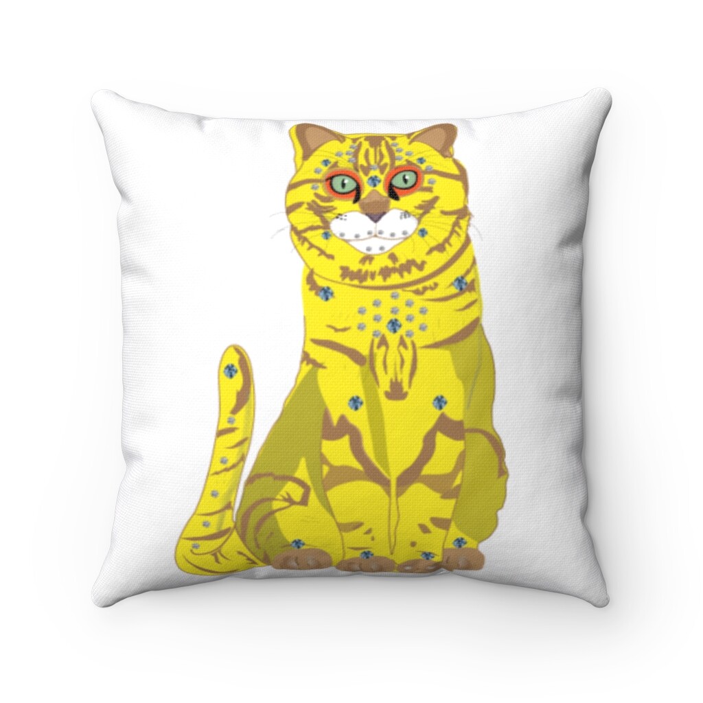 65 MCMLXV ABBA Inspired Bejeweled Yellow & Blue Cats Print Square Pillow Case