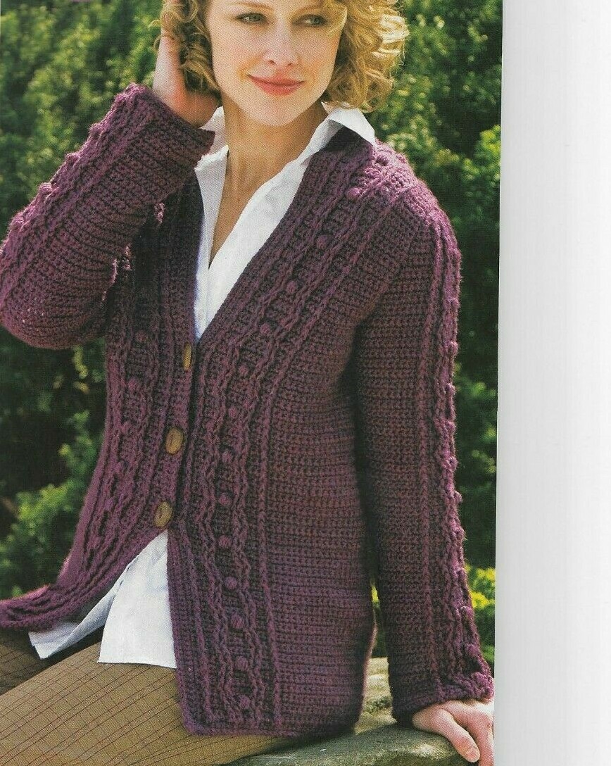 CABLED ELEGANCE CARDIGAN SWEATER 5 SIZES WOMEN'S CROCHET PATTERN INSTRUCTIONS