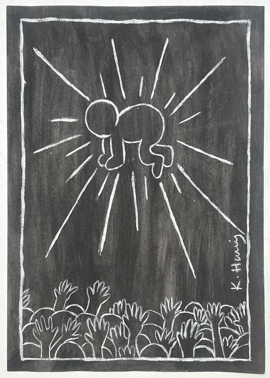 Keith Haring (Handmade) Drawing On old Paper Signed & Stamped, Vtg Art