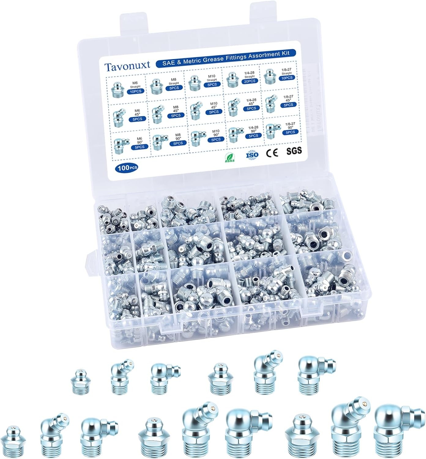 100 PCS SAE & Metric Grease Fittings Kit - Hydraulic Zerk Assortment 1/4" 1/8" M