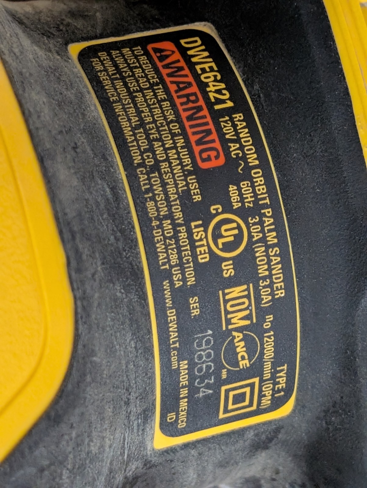 DEWALT DWE6421 5" Random Orbit Palm Sander 3 Amp Corded Hook & Loop Tested