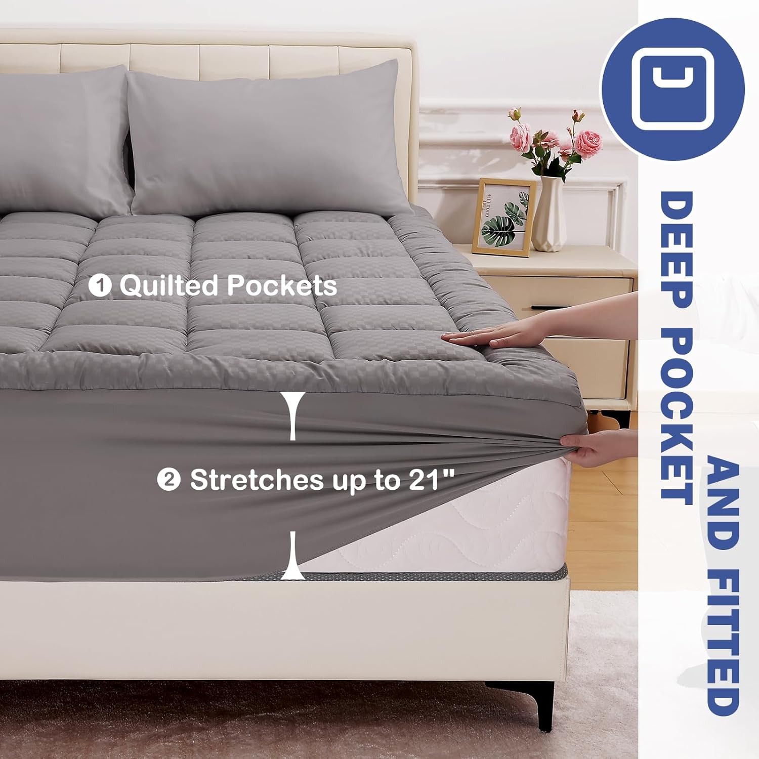 OLANLY Queen Quilted Fitted Mattress Pad, Cooling Soft Queen, Light Grey