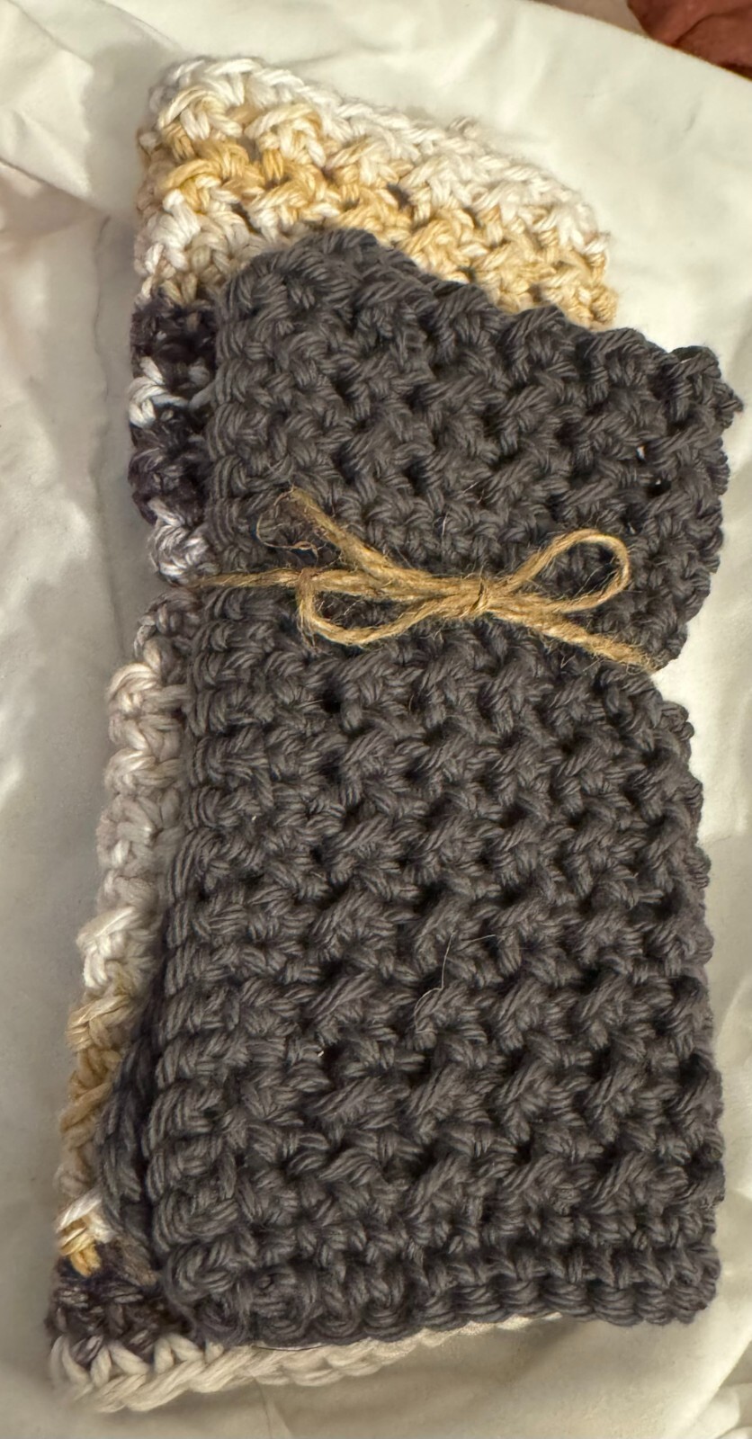 NEW HAND CROCHETED 1 WASH CLOTH AND 1 HAND TOWEL-DK GRAY AND MIXED COLORS