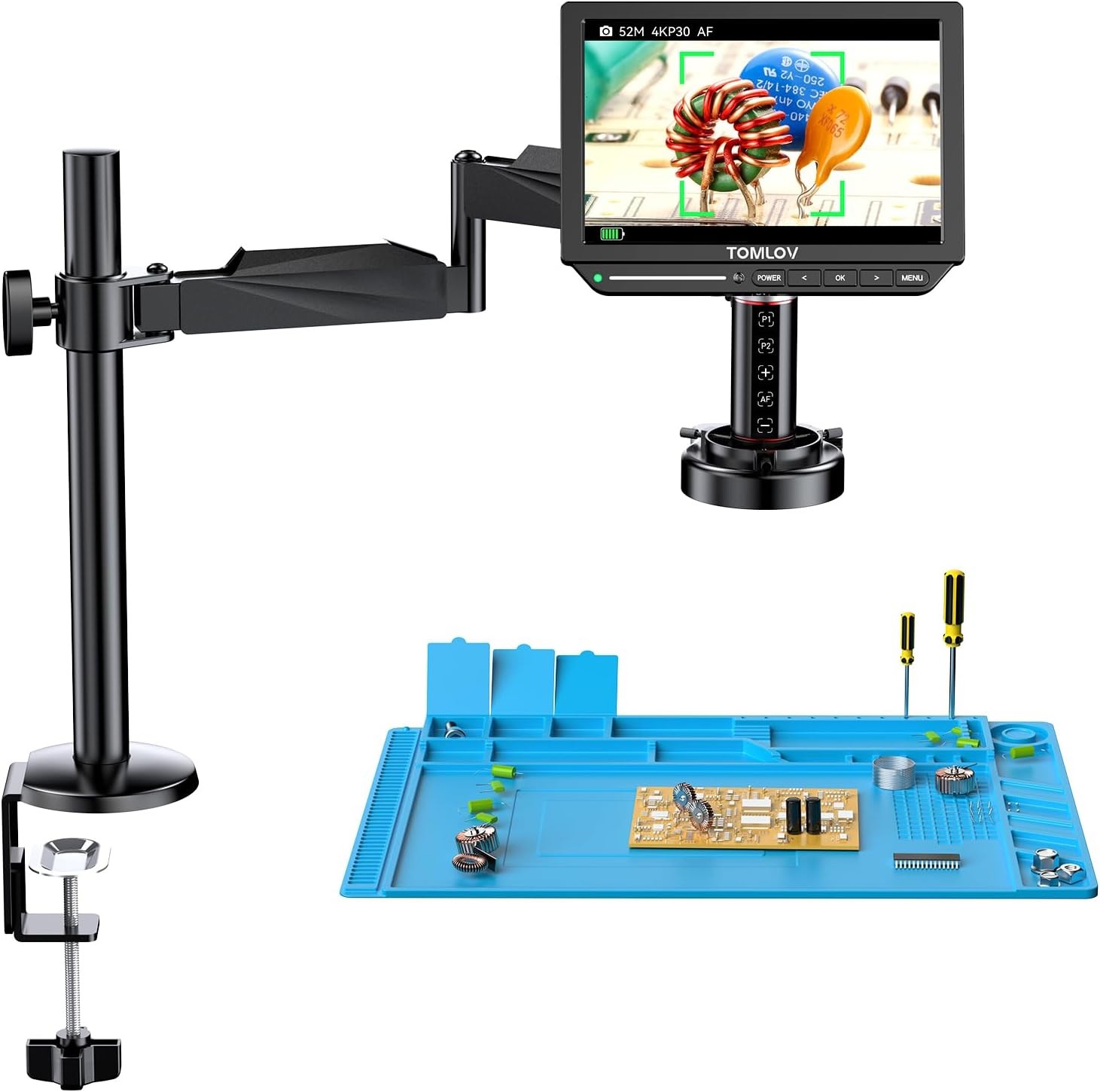 TOMLOV 2000X Autofocus Digital Microscope 4K Soldering Microscope Flex Arm HDMI