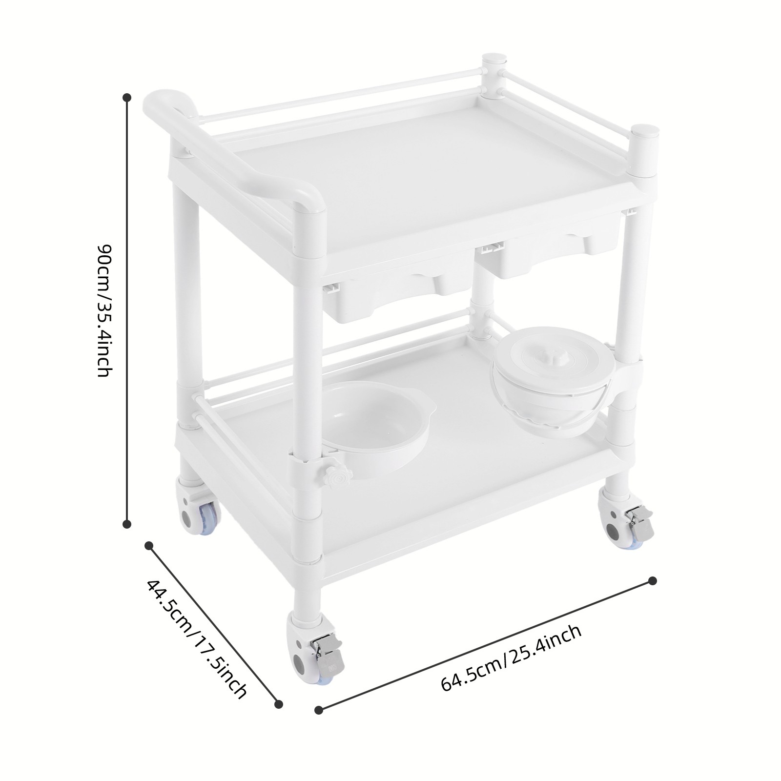 2 Tiers Medical Mobile Trolley Rolling Laboratory Cart W/ 2 Drawers & 4 Wheels