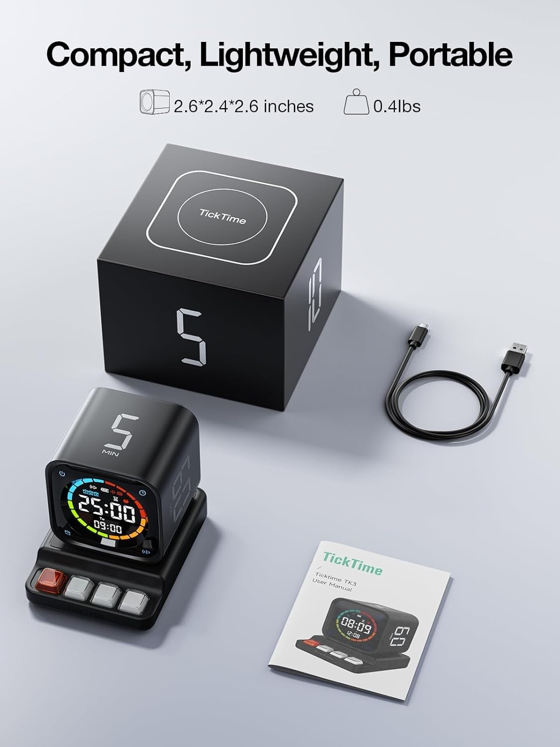 Timer Cube, Desk Productivity Timer with 5/10/30/60 Min Presets, Custom Countdow