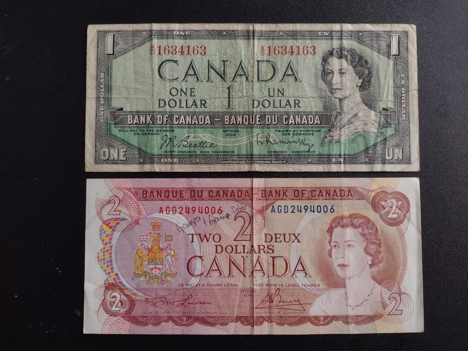 1954 Canada 1 Dollar And 1974 2 Dollar Banknotes Circulated     V539