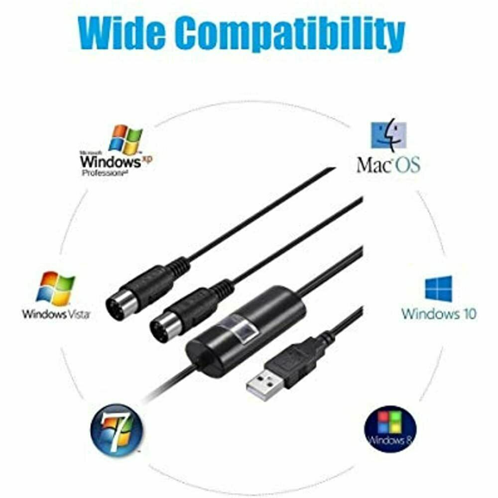 USB to MIDI Interface Adapter Lead Cord for Windows Mac Tablet Phone 2M