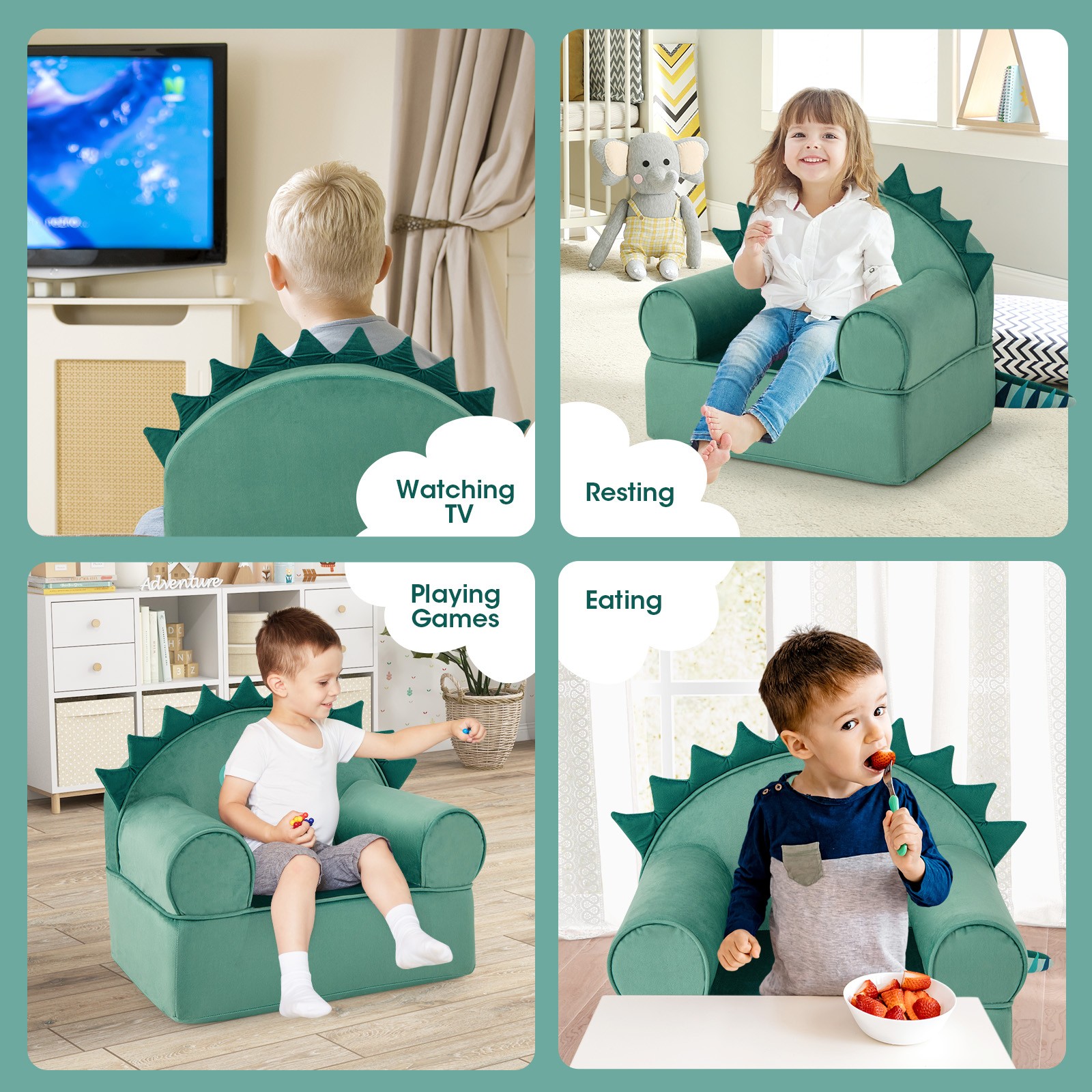 Kids Sofa Dinosaur Cuddly Armchair Toddler Armrest Couch w/ Washable Cover
