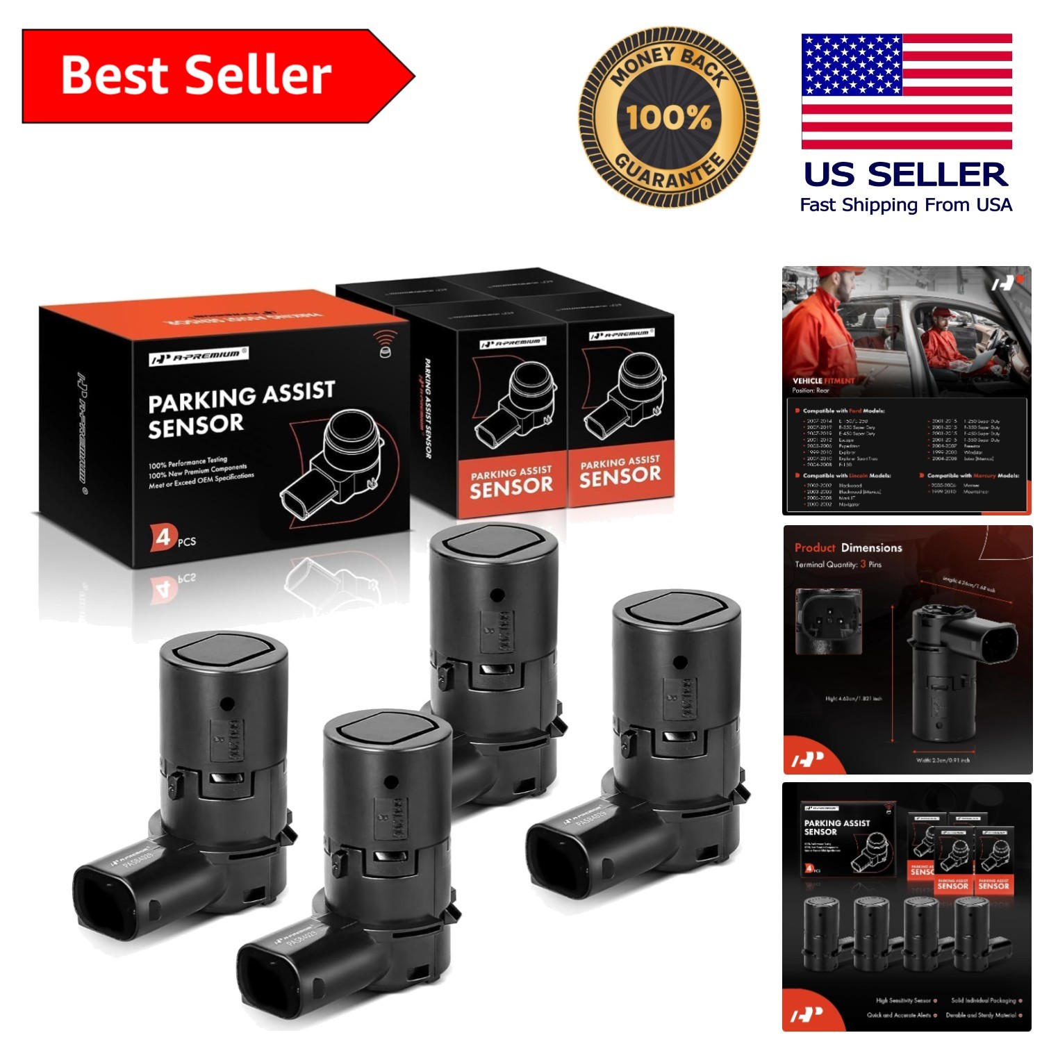 Durable 4-PC Parking Assist Sensors with 3-Pin Connections for Enhanced Safety