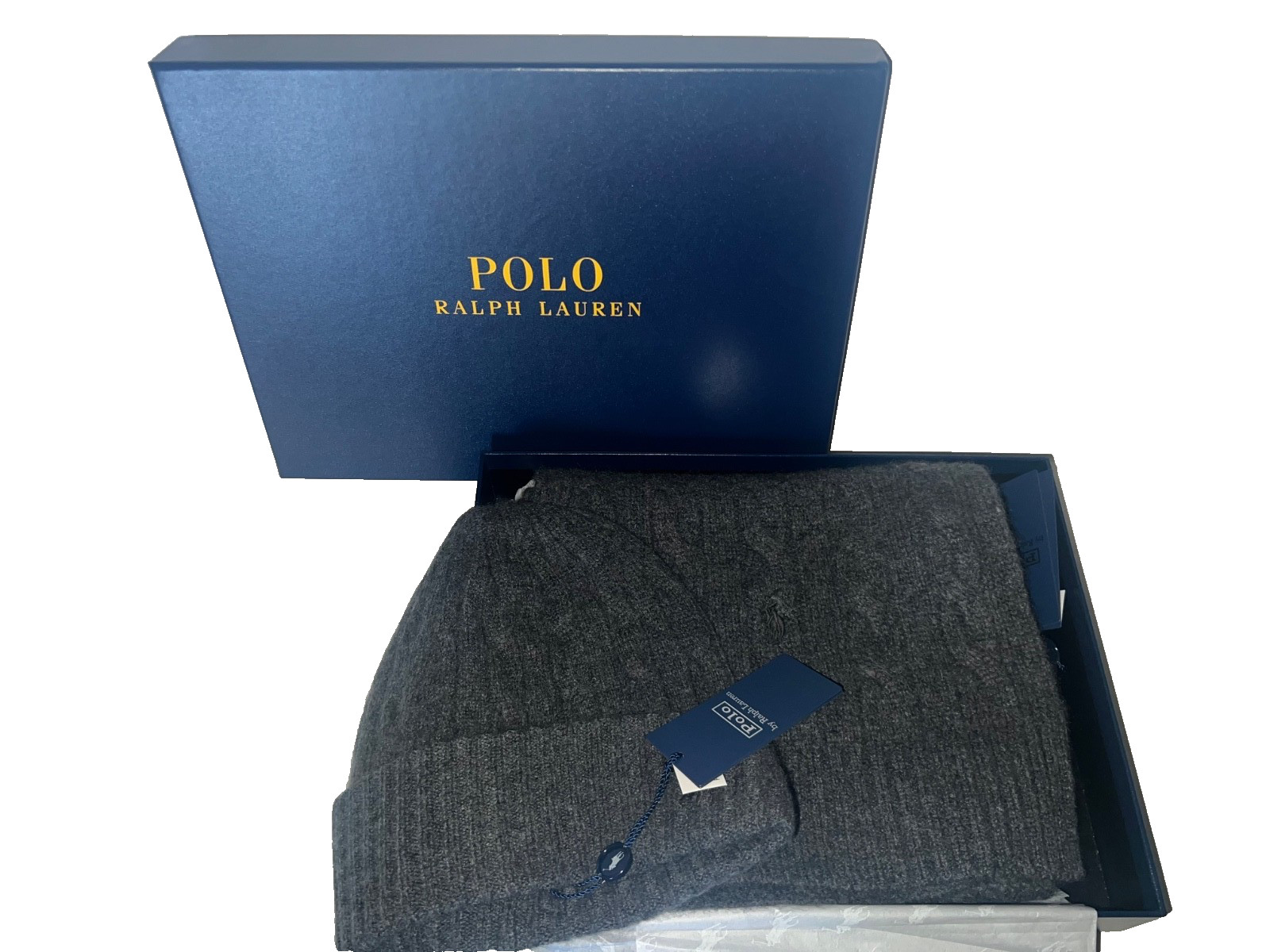 Polo Ralph Lauren Cable knit 100% Cashmere Set Scarf And Beanie Grey NWT $398