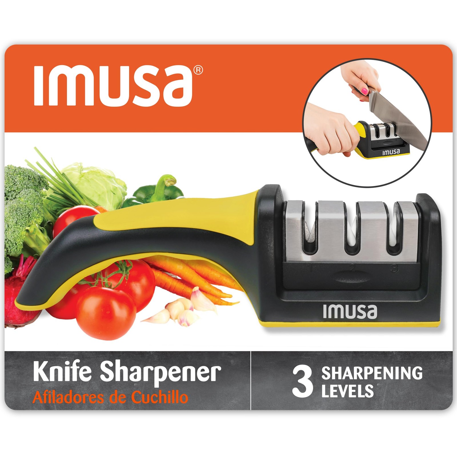 IMUSA Kitchen Knife Sharpener, Manual, Coarse to Fine, Non-Slip Base