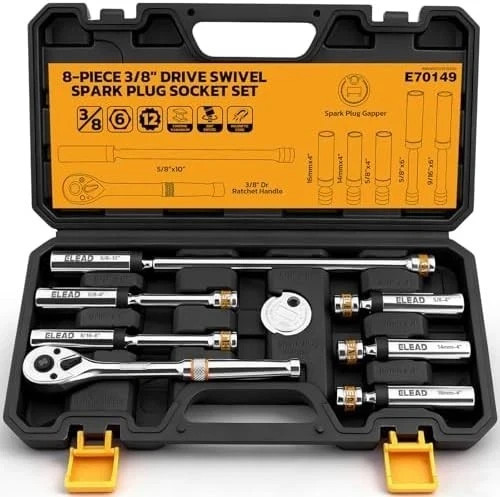 ELEAD 8-Piece 3/8" Drive Magnetic Swivel Spark Plug Socket Set, 5/8", 9/16", 14m