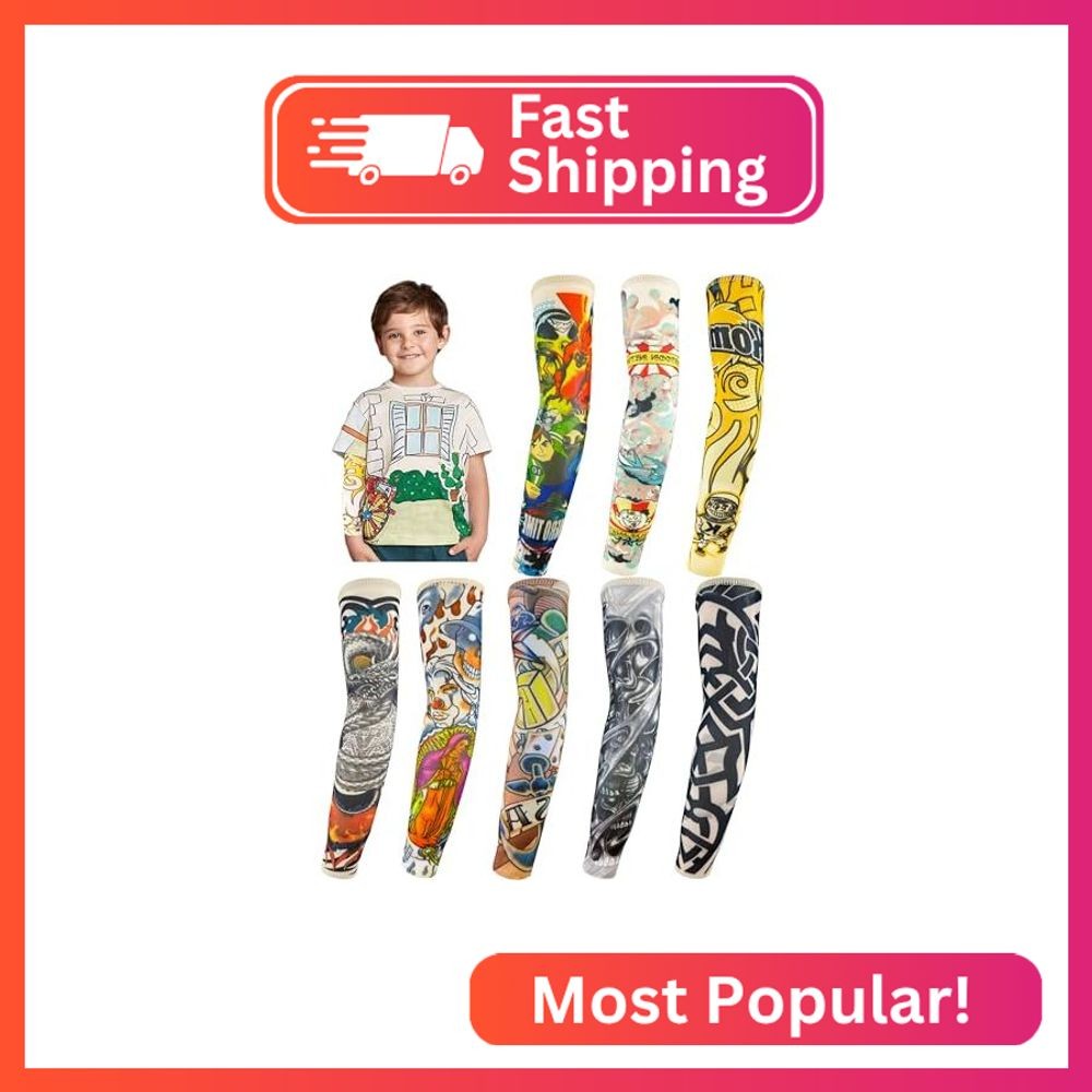 iToolai Kids Temporary Arm Tattoo Sleeves for Boys Girls UV Protection (8pcs, Se
