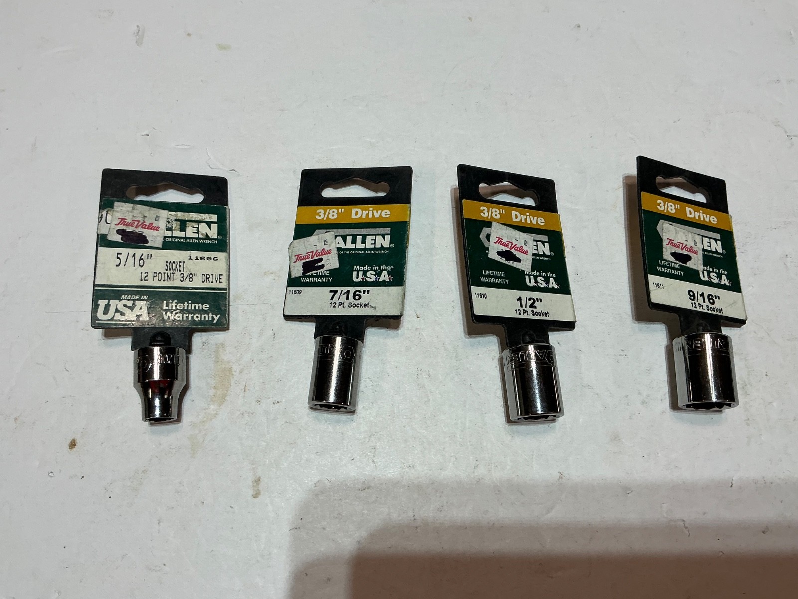 NOS Allen brand SAE 3/8 shallow sockets 12 pt 4 pc set 5/16, 7/16-9/16  USA made