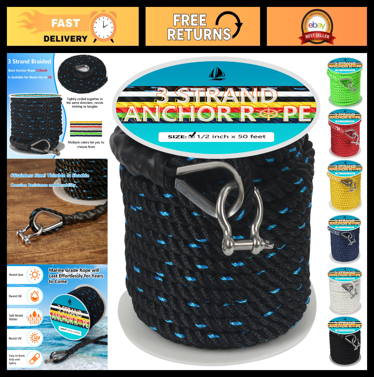 Heavy-Duty 1/2" x 50' Anchor Rope Line with Thimble & Shackle for Boats Up to 35