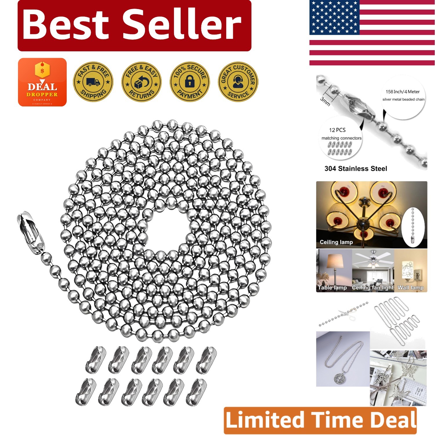 Customizable Silvery Pull Chain Extender - 158 inches with 12 Connectors