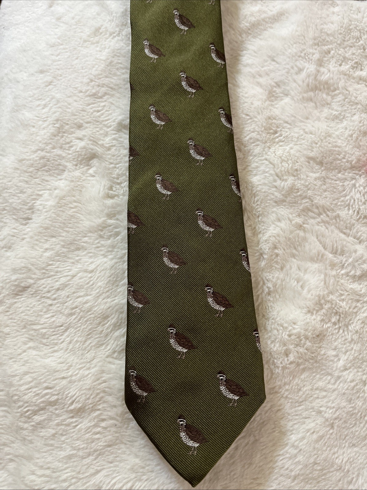 "Holland & Holland London Hand Made Olive Green Silk Pheasant Grouse Tie