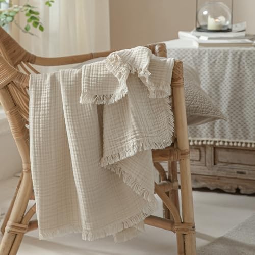 Muslin Fringe Blanket for Adults 100% Cotton 4-Layer Throw (50" × 60") Beige