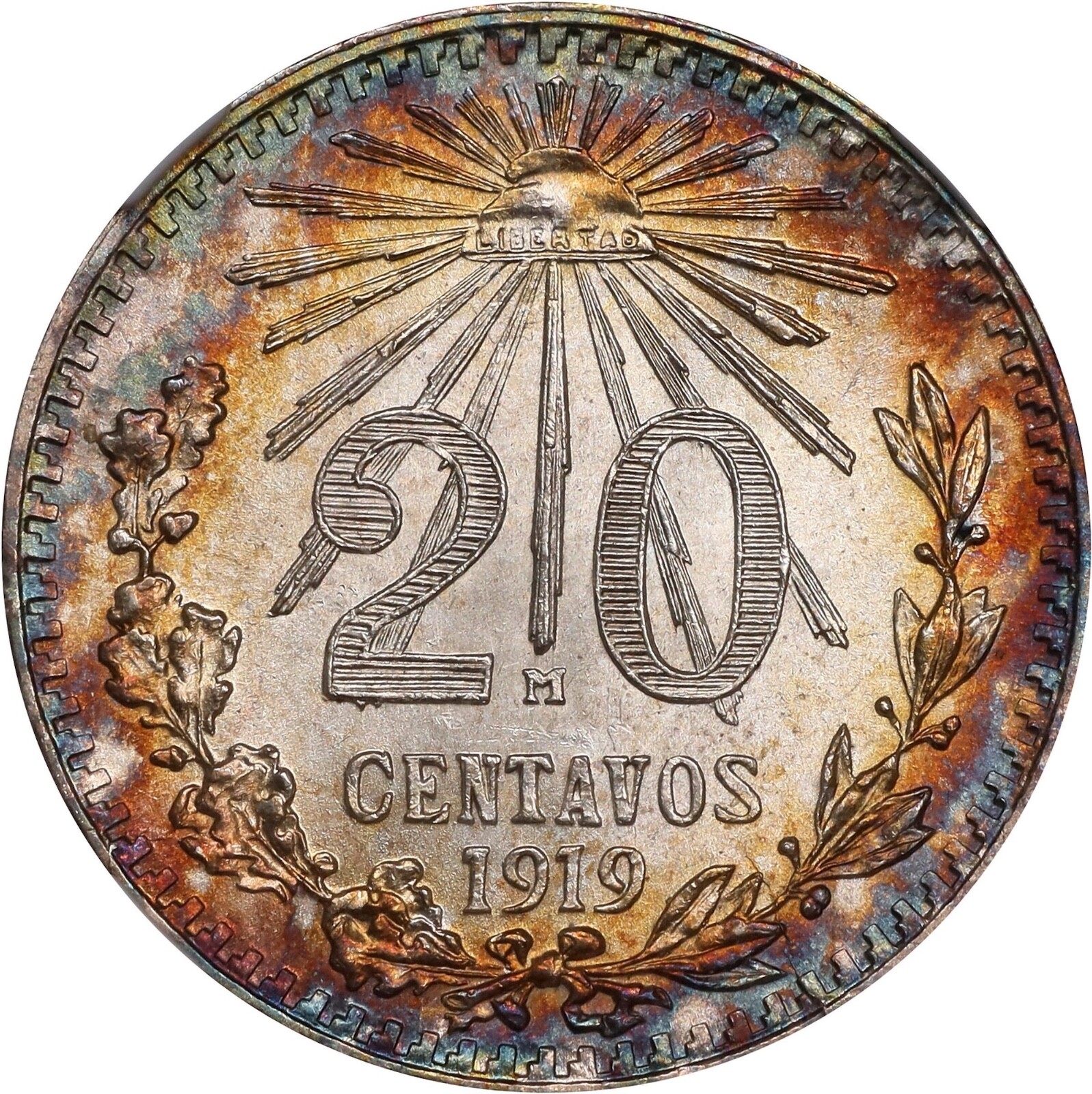 MEXICO ESTADOS UNIDOS 1919  20 CENTAVOS COIN NGC CERTIFIED GEM UNCIRCULATED MS66