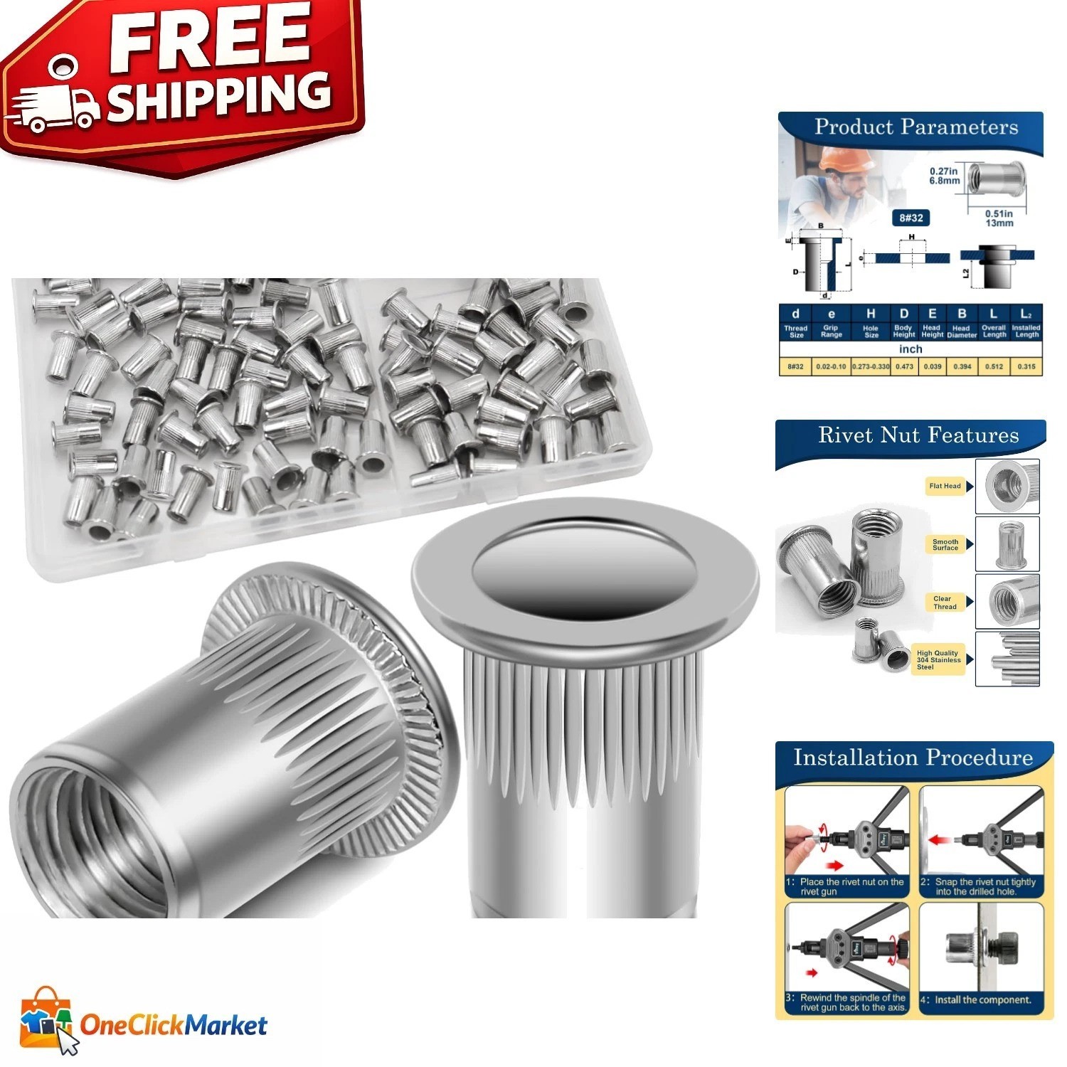 100 Pcs High-Strength 304 Stainless Steel #8-32 Rivet Nuts - Flat Head Design