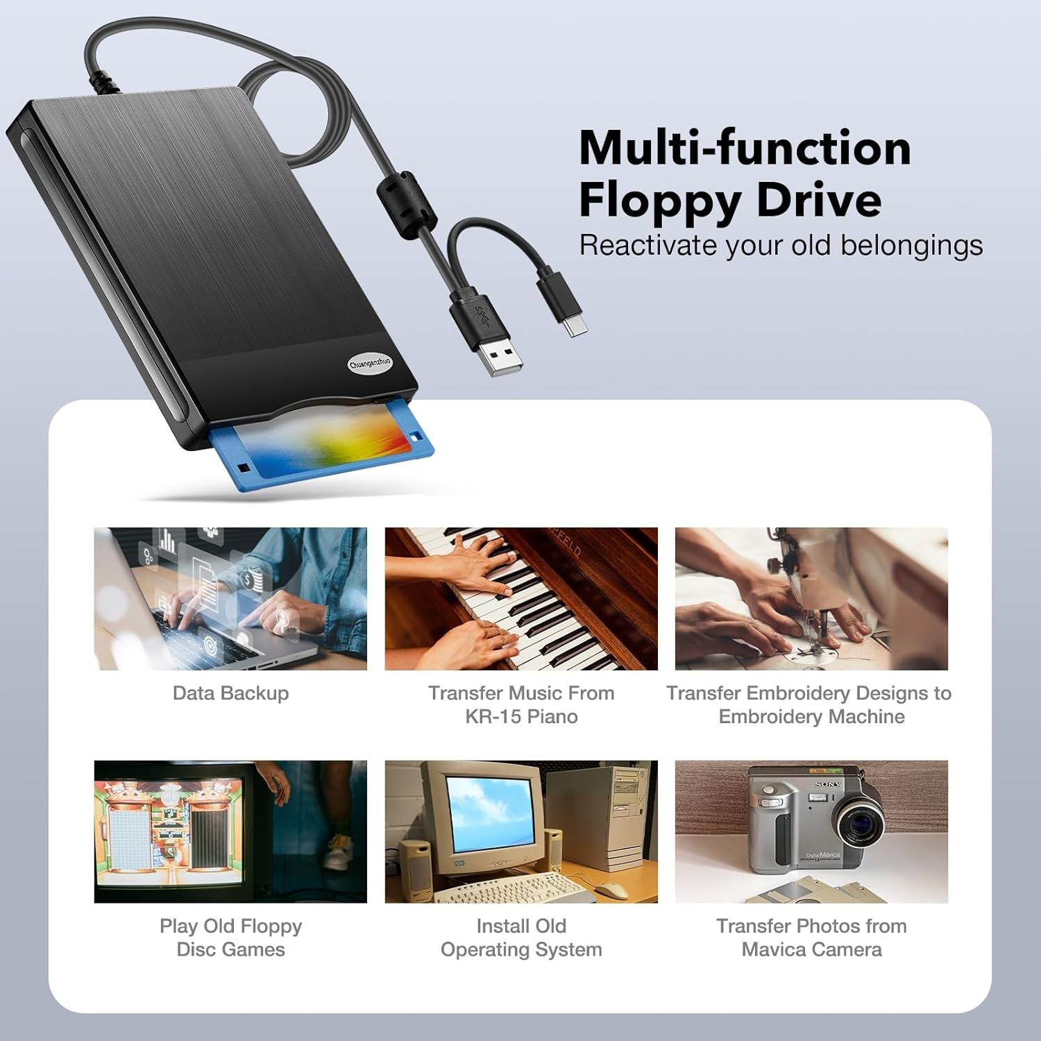 Floppy Disk Reader 3.5 Inch USB Floppy Disk Drive External 3 1/2 Floppy Disc Rea