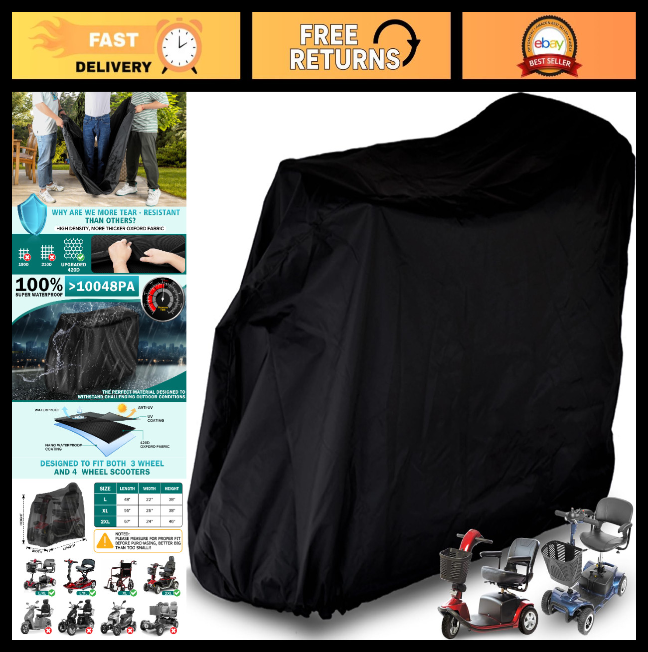 Heavy Duty Mobility Scooter Storage Cover 48"x22"x38" Waterproof UV Protection