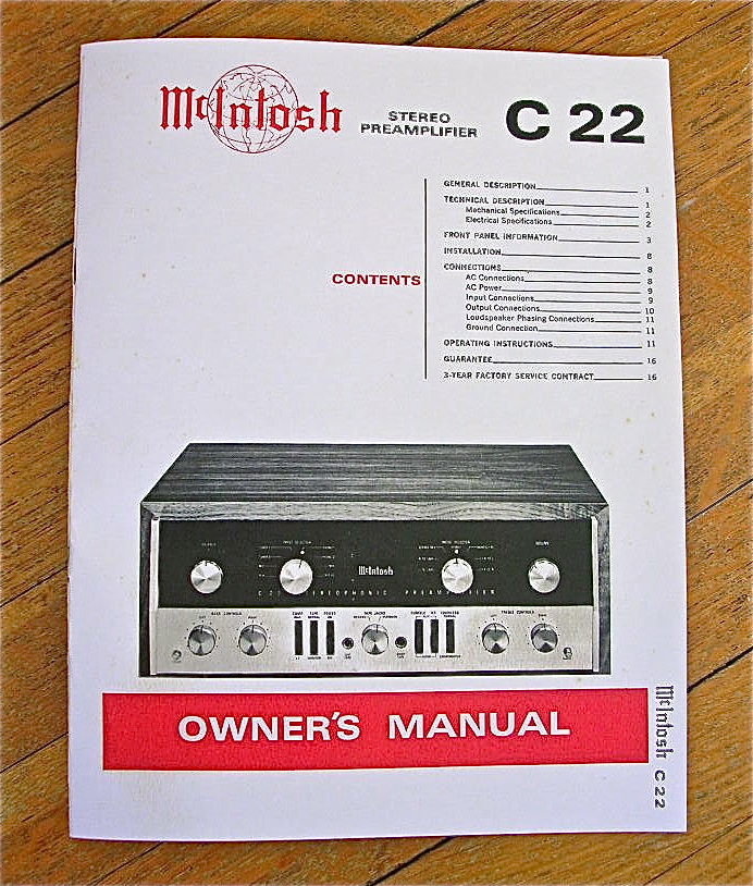 BEST QUALITY McIntosh C22 1960's Tube PreAmplifier OWNER'S MANUAL