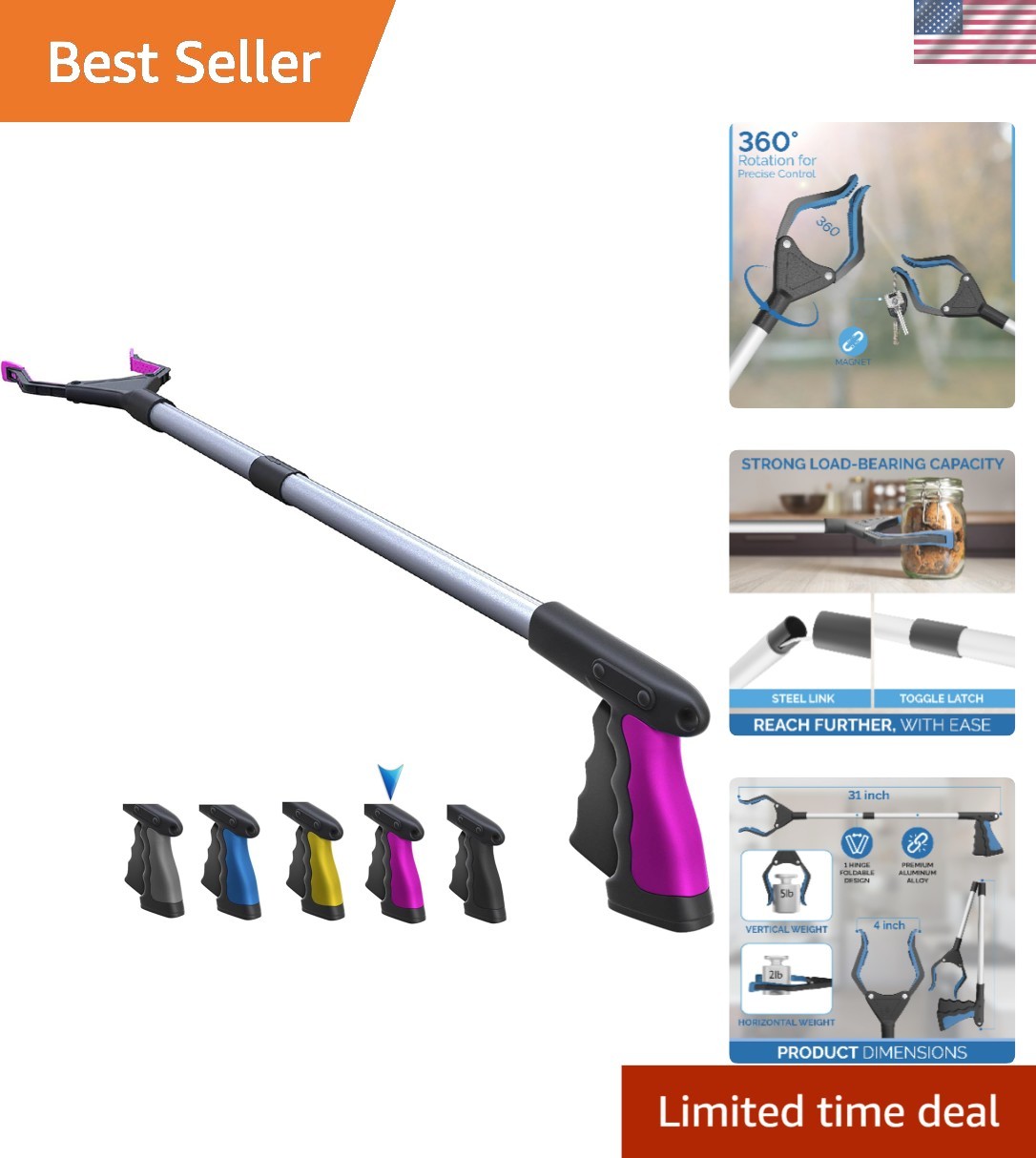 Foldable Grabber Reacher Tool 32” - Lightweight & Ergonomic Design for Elderly