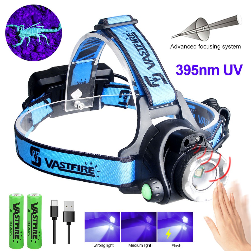 395 Nm UV Light Sensor LED Headlamp Work Lamp Torch USB Rechargeable Zoomable US