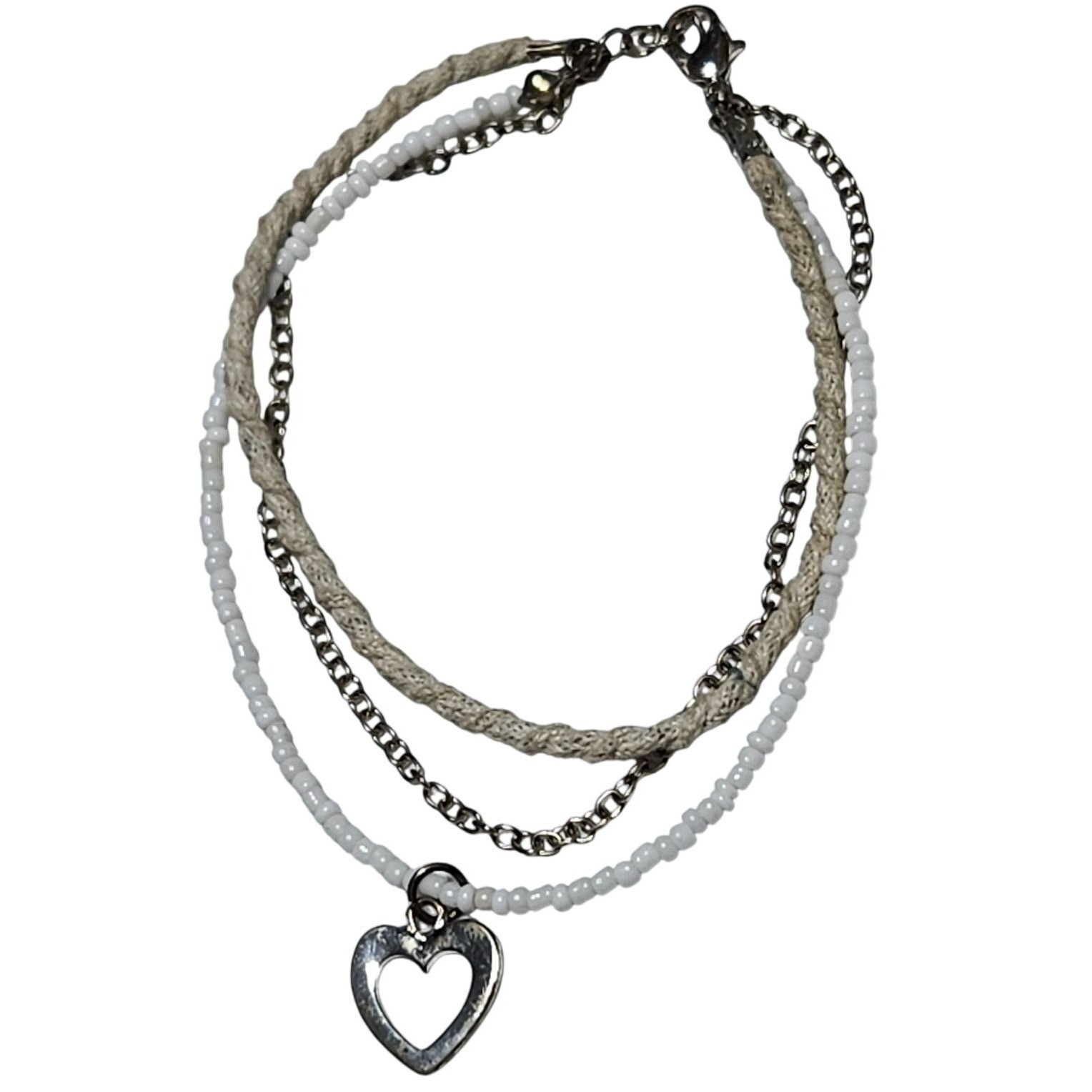 Handmade Beaded Heart Charm Multilayer Bracelet White Beads Twine Rope Love
