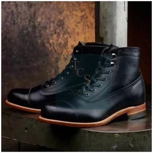 Buy Handmade Genuine Black Leather Lace up Toe cap High Ankle Dress Party Boots