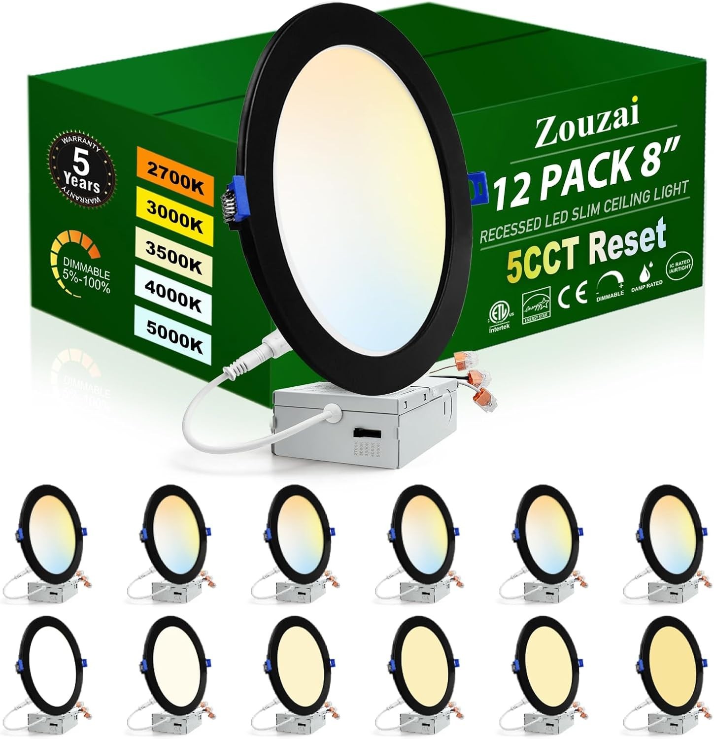 12x Zouzai 8” 18W LED Recessed Lights Ultra-Thin 1685LM Dimmable 5CCT Ceiling