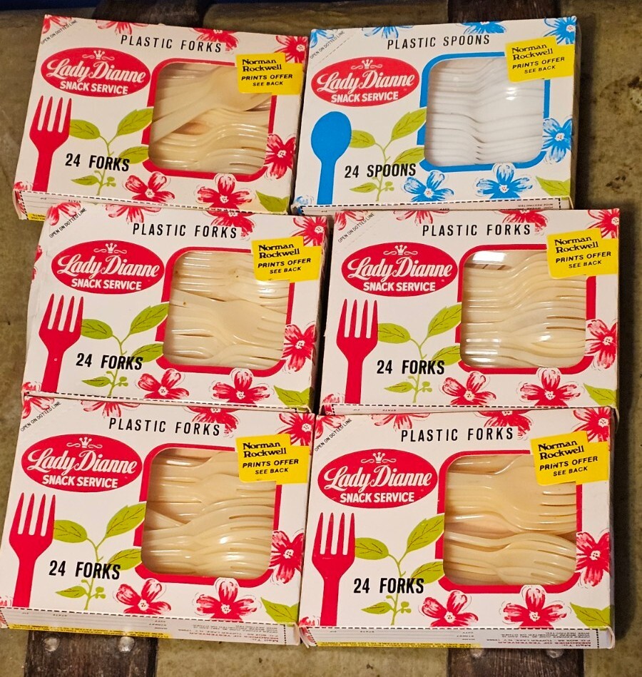 NOS 6 NEW BOXES VTG MID CENTURY LADY DIANNE SNACK SERVICE PLASTIC FORKS SPOONS