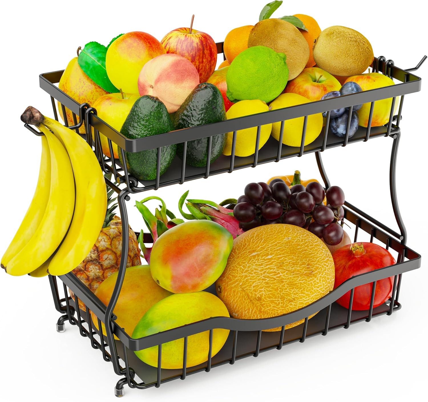 Cesta Frutas 2 Niveles Con Soportes Bananas Metal Organizador Cocina Negro 1 Pza