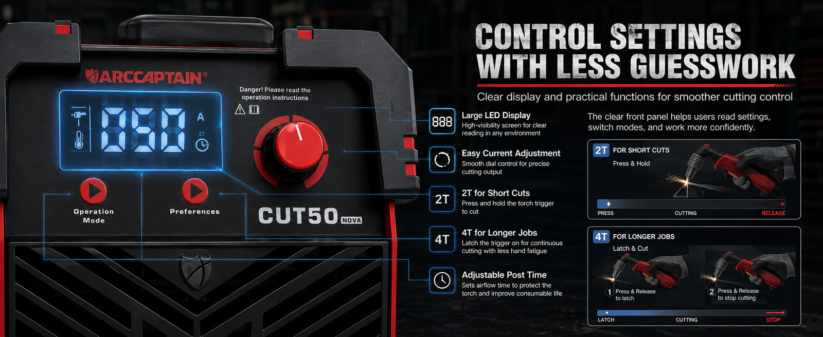 ARCCAPTAIN Plasma Cutter 50Amp 1/2" Clean Cut with Large LED Display IGBT 2T/4T