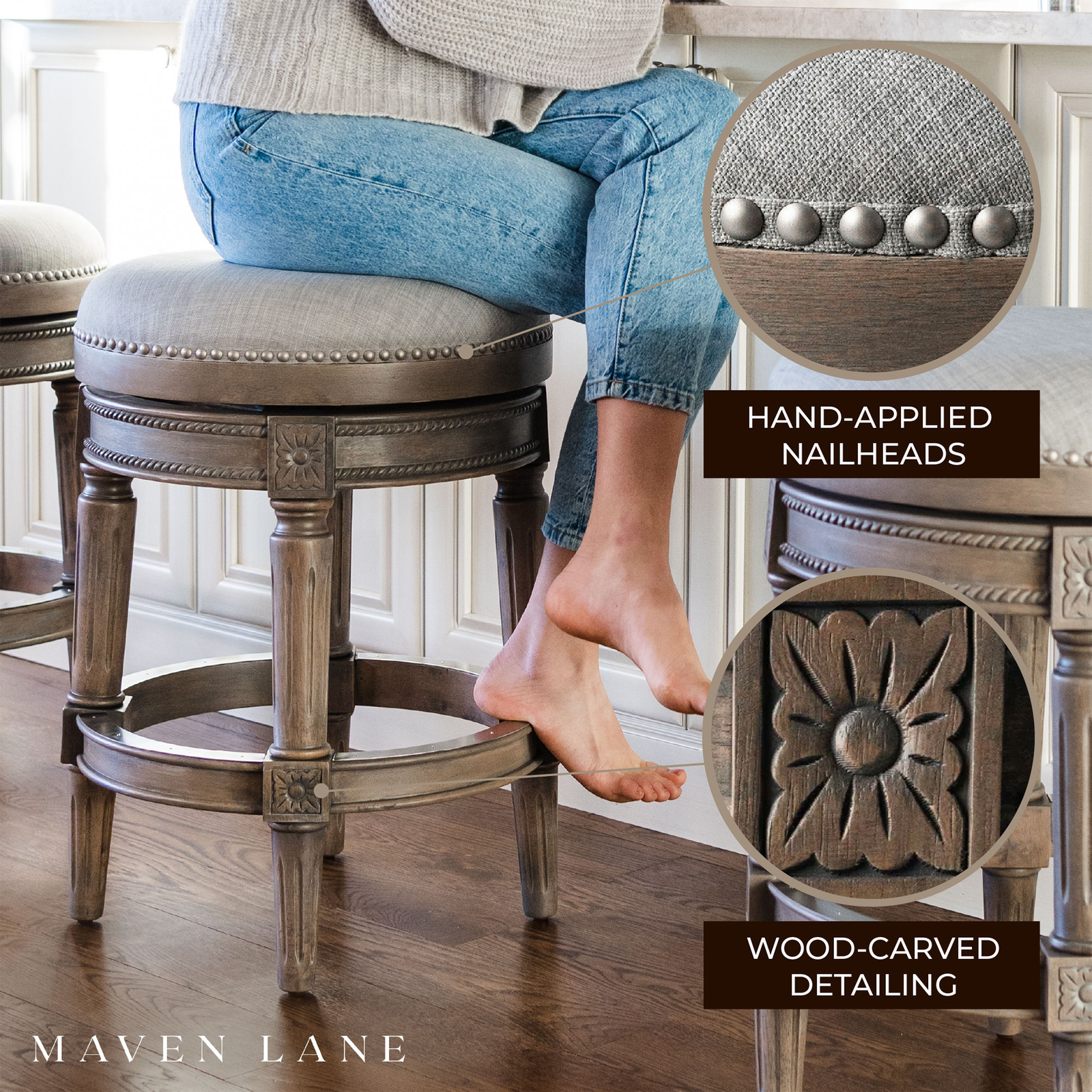 Maven Lane Pullman Backless Swivel Kitchen Counter Stool, Reclaimed Oak