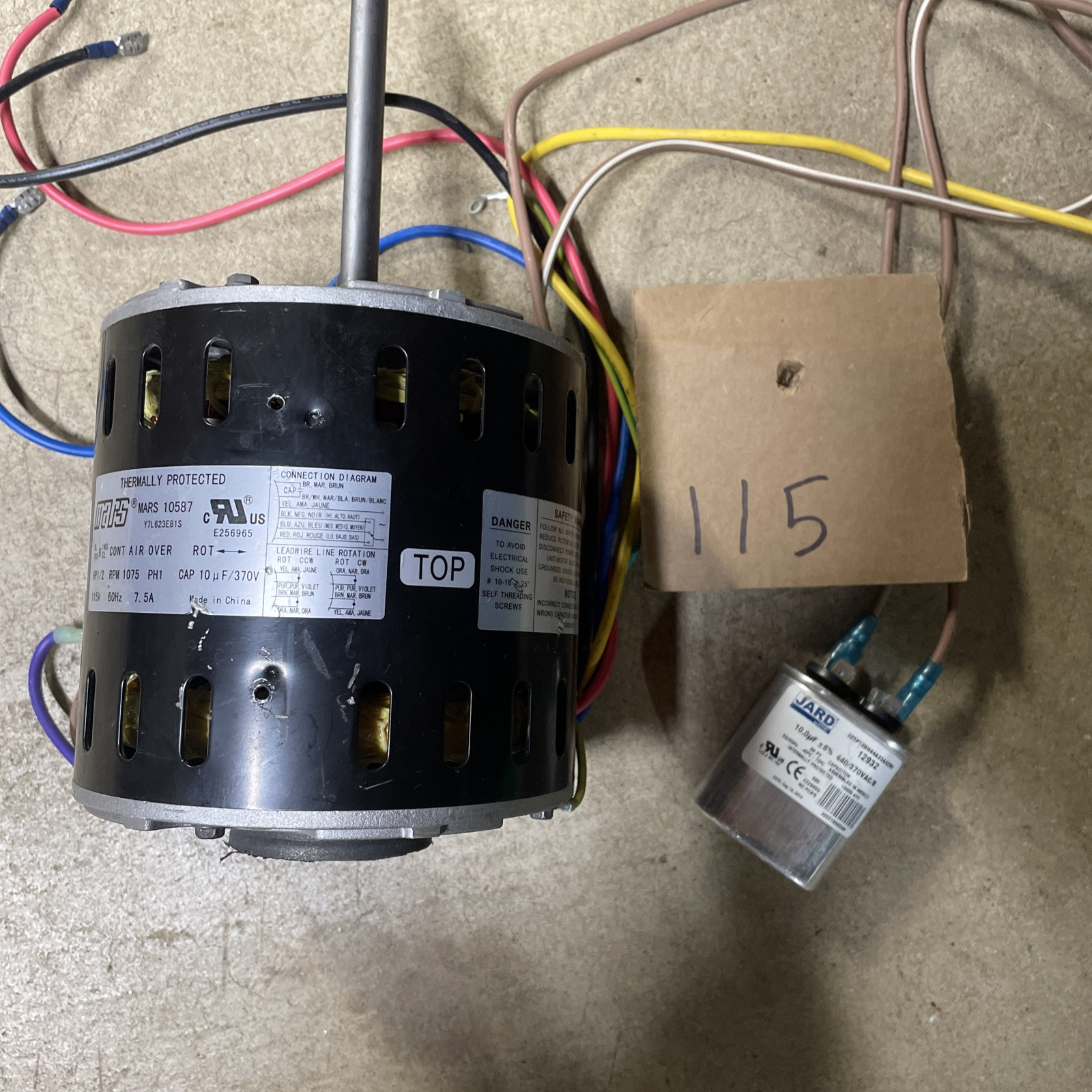 MARS 10587 Blower Motor Y7L623E81S 1/2HP 115V 1075RPM 7.5A 1PH 60Hz