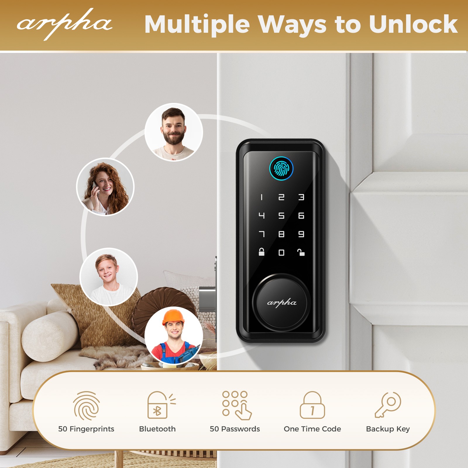 ARPHA Security Keyless Smart Door Lock 100Code Fingerprint Keyless Bluetooth APP