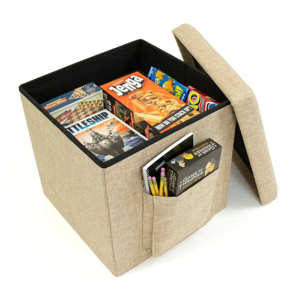 Humble Crew Folding Storage Ottoman Cube with Exterior Multi 15" Cube, Khaki